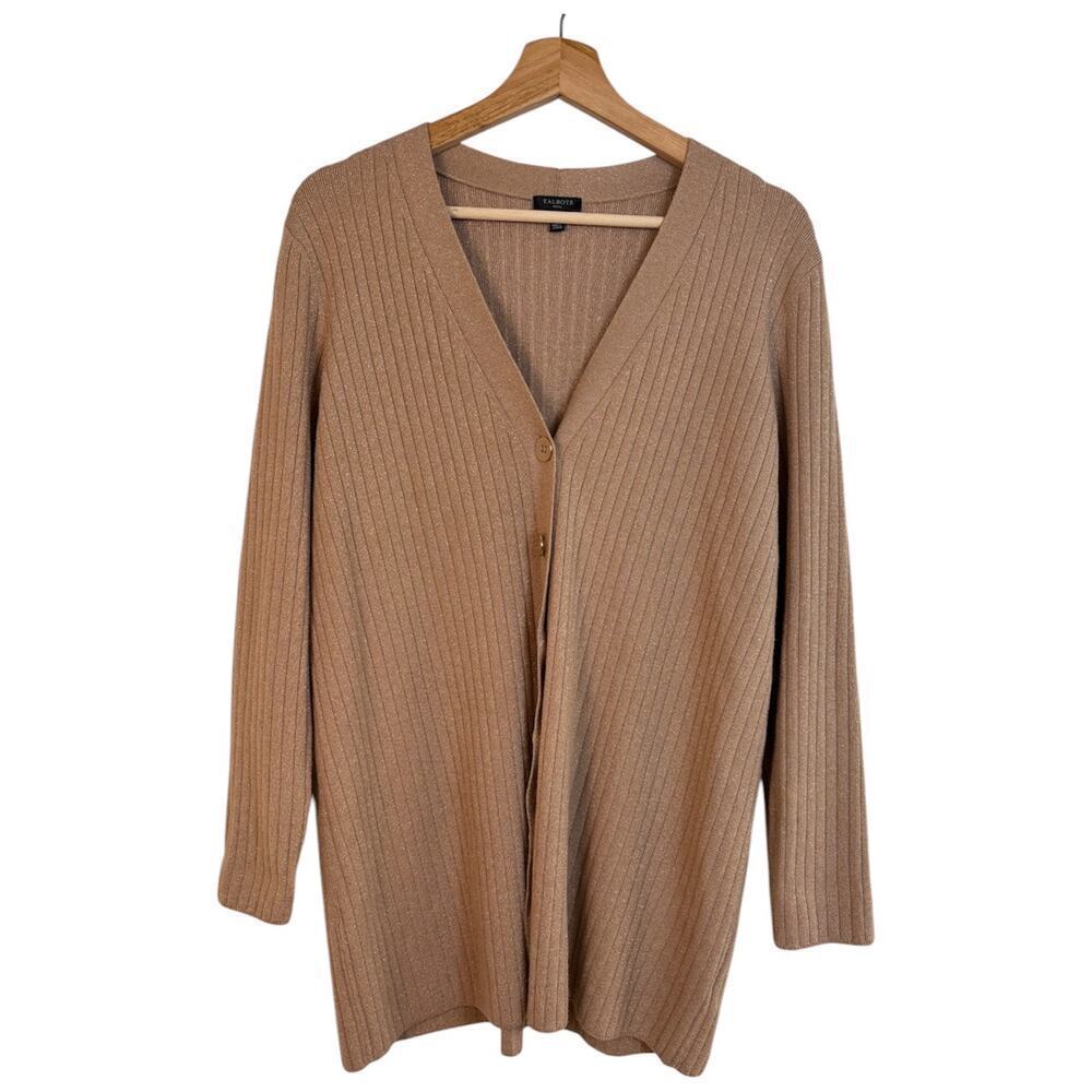 Talbots Metallic Ribbed Cardigan Size Large Petite Rattan Spring Office Minimal - Picture 3 of 9
